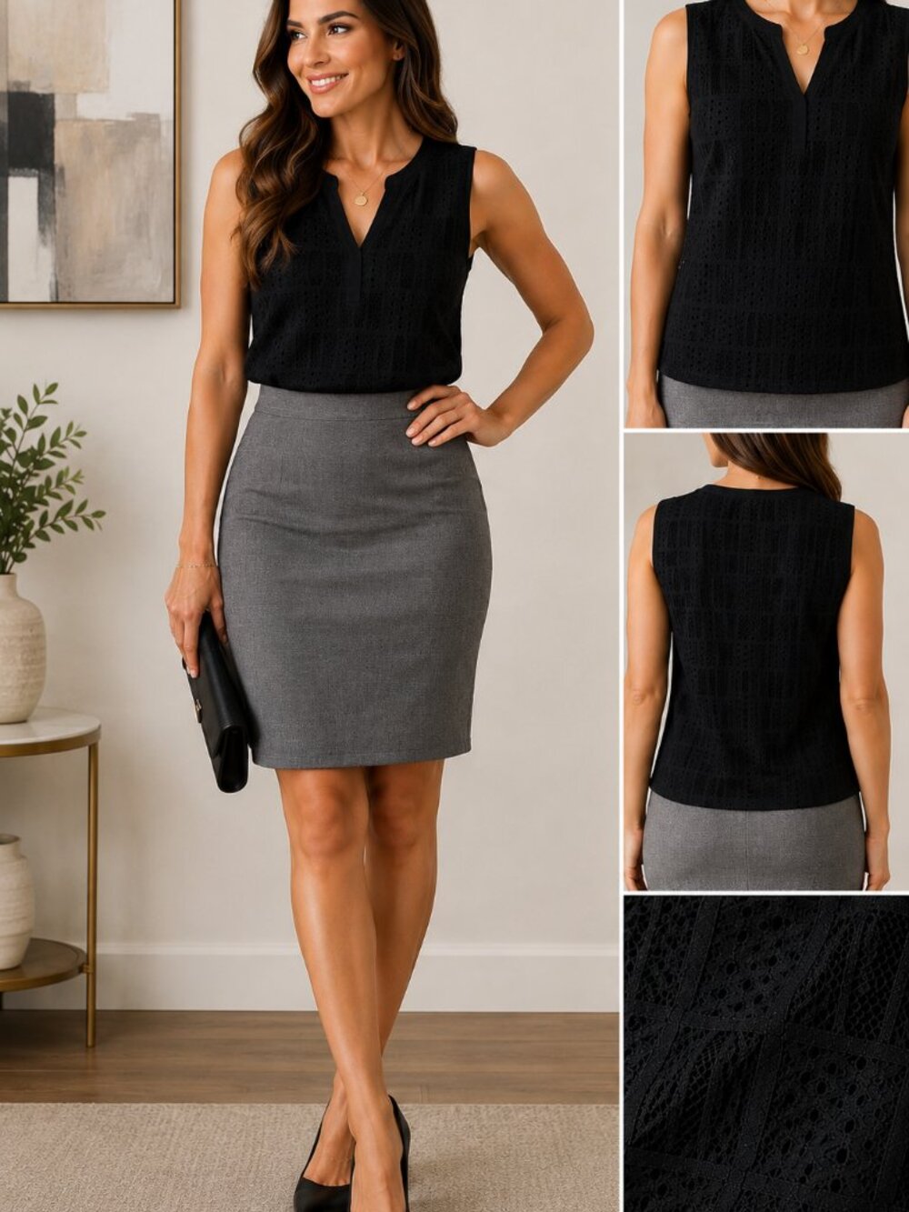 Jones New York Signature Black Sleeveless Lace Blouse Career Chic Top
